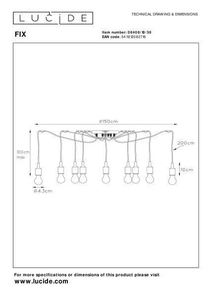 Lucide FIX - Pendant light - 10xE27 - Black - technical